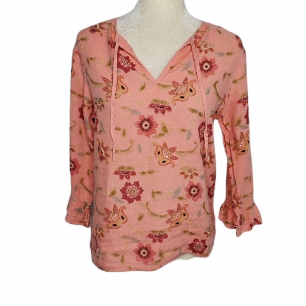 J MARCO linen shirt floral ruffle‎ sleeve boho pink peasant top XS